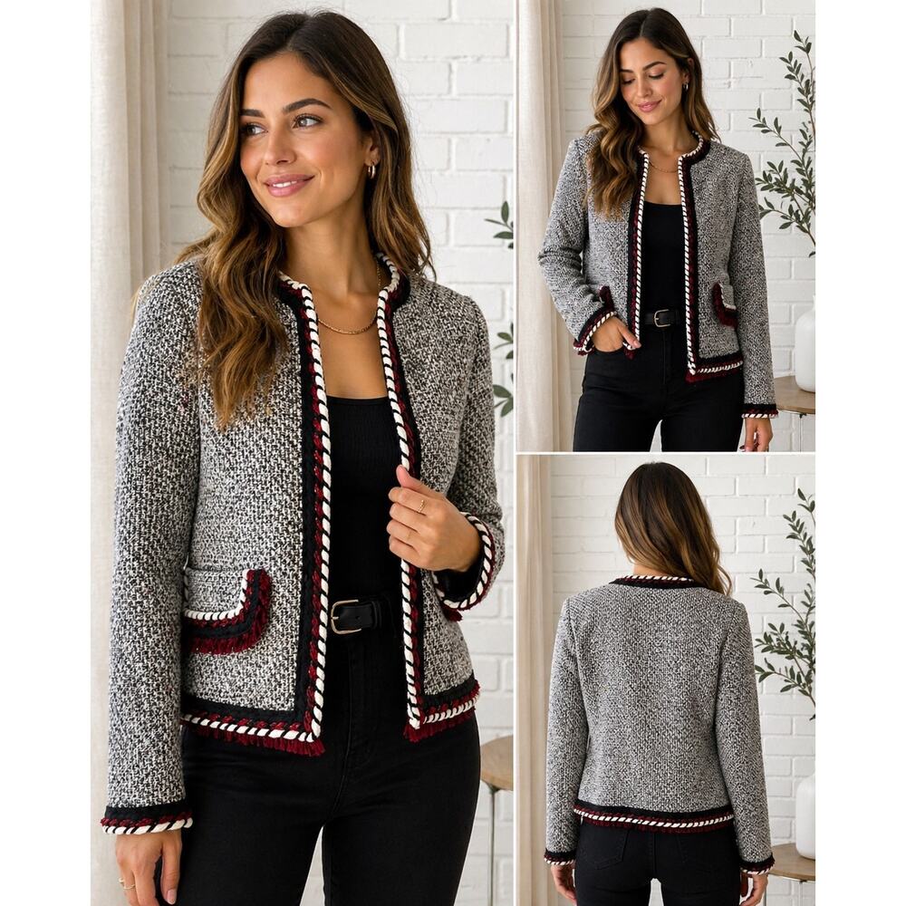 Zara Basic Tweed Jacket Womens M Black White Red Trim Open Front Cropped Blazer